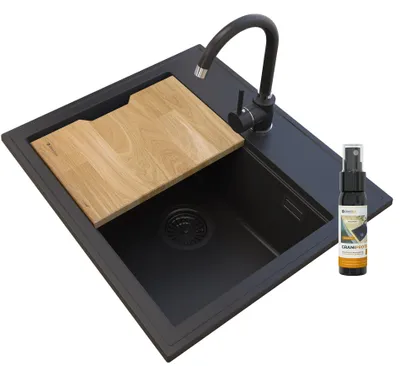 Obrázek produktu pro Granitan - Granitový dřez - Dřez 56,5x50,5 cm - Kuchyňský dřez černý - s baterií a sifonem - FOXAL