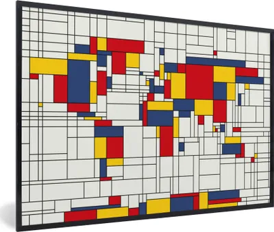 Produktbild von MuchoWow® Gerahmtes Poster Weltkarte - Mondrian - Farben - Kinder - Junge - Mädchen - Kinder 90x60 cm - Poster mit Schwarzem Bilderrahmen Wandposter Rahmen Foto Bilder - Fotorahmen - Foto-Plakat