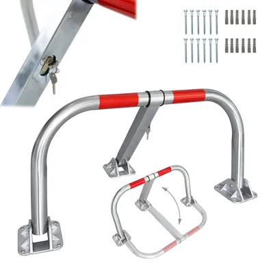Produktbild von Relaxdays Parkbügel, klappbar, abschließbar, Zylinderschloss, Stahl, HxBxT: 46 x 95 x 44 cm, Parkplatzbügel, silber/rot