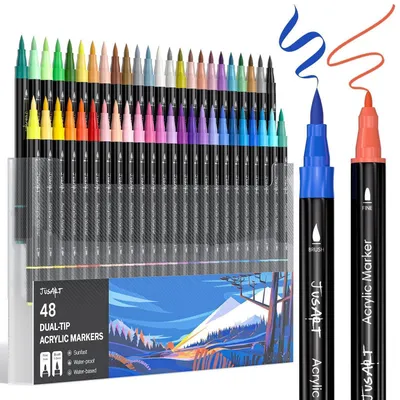 Immagine prodotto di Set di pennarelli acrilici, 48 colori, punta doppia, resistenti all'acqua, adatti a diverse superfici