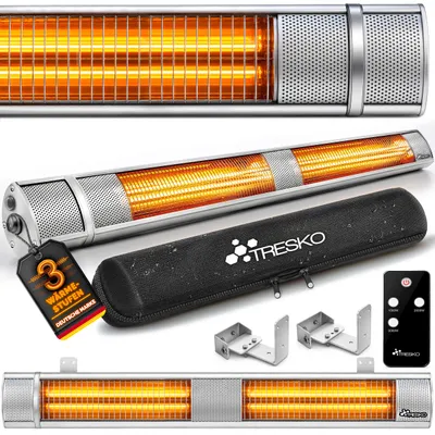 Immagine prodotto di TRESKO riscaldatore radiante a infrarossi 3000W argento con telecomando e copertura | riscaldatore da patio elettrico con 3 livelli di riscaldamento | riscaldatore da patio per interni e per esterni | riscaldatore radiante a parete riscaldatore a infrarossi riscaldatore al quarzo riscaldatore da tavolo