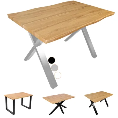 Produktbild von Esstisch Dua | 140 x 80 cm | Holz-Optik mit Baumkante in Wildeiche | X-Gestell Metall Silber | 40 mm Tischplatte geteilt | Tisch für Esszimmer & Küche