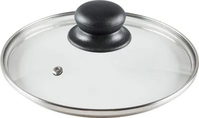 A close-up, studio shot of a glass pot lid with a black handle and a stainless steel rim.
