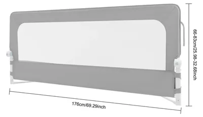Zdjęcie produktu dla Barierka do łóżka dziecięcego – składana barierka zabezpieczająca przed wypadnięciem – długość 176 cm – regulowana wysokość – do materacy o grubości 5–28 cm – montaż z boku łóżka – kolor szary