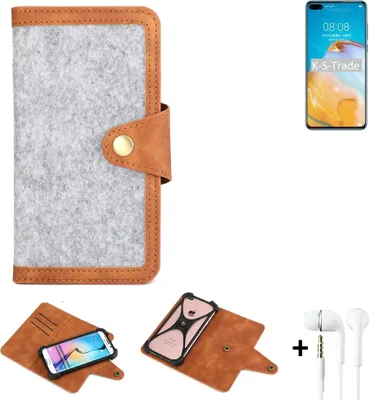 Produktbild von K-S-Trade Handyhülle + Kopfhörer kompatibel mit Huawei P40 4G Schutzhülle Filz Hülle Kunstleder hellgrau braun (1x)