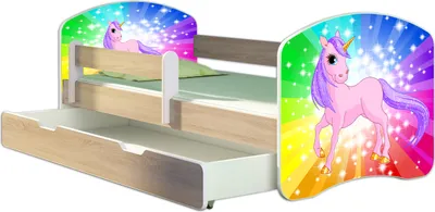 A child's bed with a unicorn theme, featuring a pull-out drawer.