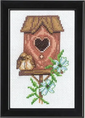 Image de Permin Kit de broderie au point de croix "Maison d'oiseaux rose", motif à compter, 9x14cm, 13-9423