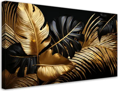 Produktbild von Leinwandbild Gold Schwarz Palmblätter Monstera 100x50 Feeby Gold bild für die wand bereit zum aufhängen