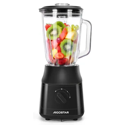 A black Aigostar stand mixer filled with various fruits, ready to be blended.