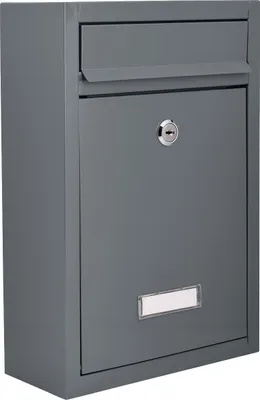 A gray metal mailbox with a lock and a nameplate.