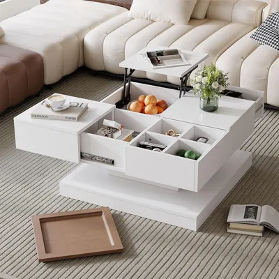 Produktbild von Couchtisch mit 4 Fächern und Tablett Anhebbarer Multifunktionstisch Beistelltisch Wohnzimmertisch 75.5*75.5*38cm Weiß