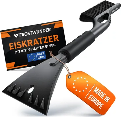 Produktbild von FROSTWUNDER Eiskratzer Auto mit Besen [MadeInEurope] - Profi Schneebesen Auto mit schonenden Borsten - Schneller Scheibenkratzer Auto