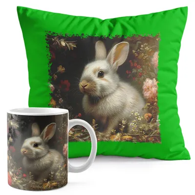 Produktbild von Zestaw Kubek + Poduszka Zielona - Zwierzęta Królik