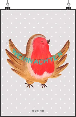 Produktbild von Mr. & Mrs. Panda Bild Rotkehlchen Weihnachten DIN A2 - Grau Pastell - Geschenk, Weihnachtsgruß, Kunstdruck, Vogel, drucke, Weihnachtsmotiv, Frohe, Winter, wanddeko