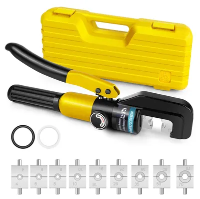 Obrázok produktu pre Hydraulické kliešte na krímiovanie káblových puzdier – ručné kliešte pre elektrikárov – krímingový rozsah 4–70 mm² – 9 sád matíc – tesniace krúžky a kufrík – žltá farba
