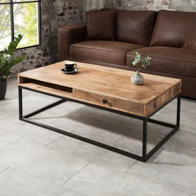 Produktbild von riess-ambiente Massiver Couchtisch IRON CRAFT 100cm Mangoholz mit Schublade schwarzes Metallgestell Beistelltisch Tisch