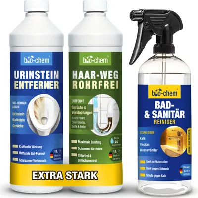 Produktbild von bio-chem Badreiniger Set 3-teilig- 1x Haar-Weg Abflussfrei, 1x Urinsteinentferner, 1x Sanitärreiniger - Effektiver Abflussreiniger, Toilettenreiniger & Kalkentferner für Bad, Dusche, Toilette, WC