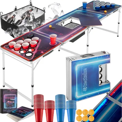 Produktbild von tectake® Aluminium Bierpongtisch BeerWars II mit Eisfach, Becherlöchern, LED-Beleuchtung inklusive 100 Bechern, 6 Bällen und Kartentrinkspiel