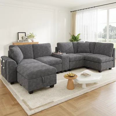 Produktbild von Merax 6-Sitzer U-Form Ecksofa, L-Form Modulares Sofa mit Stauraum-Hocker, Mittelkonsole USB Type-C Getränkehalter, Cord Wohnlandschaft, Grau