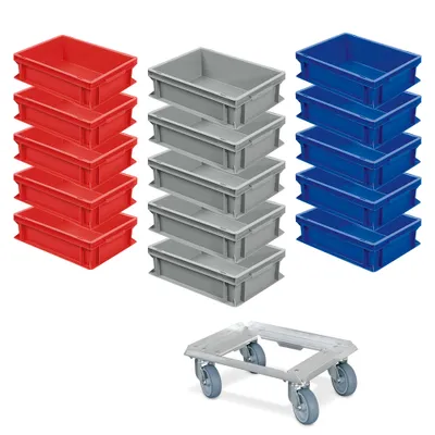 Produktbild von Set 15x Eurobox 400 x 300 x 120 mm in 3 Farben + 1 Transportroller GRATIS