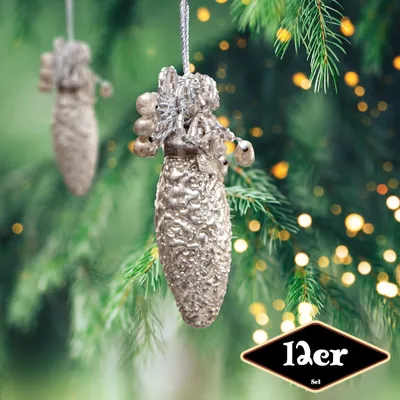 Produktbild von Christbaumkugelset Zapfen-Form, 12er Set | Glas, Silber, Struktur | H8,5xB3,0cm