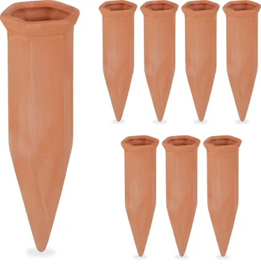 Image de Relaxdays Cône d'arrosage en terre cuite, set de 8 cônes d'arrosage, bouteilles en PET de 1,5 litre, pour plantes d'intérieur & balconnières, terracotta