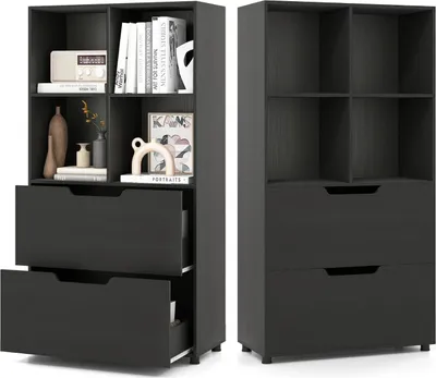 Immagine prodotto di Libreria in legno KOMFOTTEU con 4 scomparti e 2 cassetti, libreria con protezione antiribaltamento, scaffale a cubo per soggiorno, ufficio, camera da letto, 70 x 33,5 x 130 cm