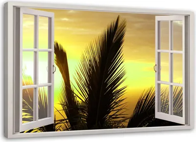 Produktbild von Leinwandbild fenster - palmen 120x80 cm Feeby gelb wandbild bereit zum aufhängen