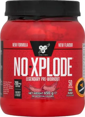 A red tub of BSN NO Xplode pre-workout supplement.