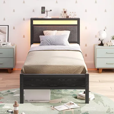 Metallbett 90x200 cm mit LED, Ladestation und Kopfteil, schwarz