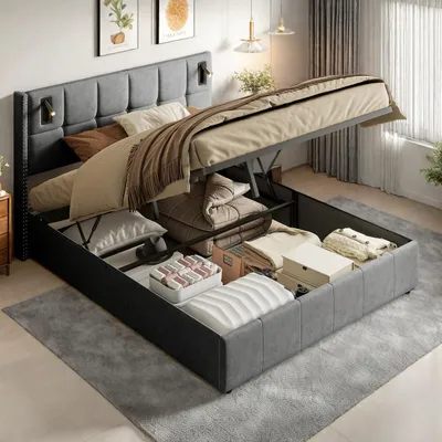 Zdjęcie produktu dla Łóżko podwójne 160x200 cm z szarego aksamitu z hydraulicznym schowkiem, zagłówkiem z ćwiekami i zintegrowanymi lampkami do czytania