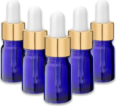 Produktbild von 5x Blaue Glasflasche 5 ml mit goldener Aluminium-Pipette Fläschchen