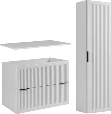 Produktbild von Rodan | Modernes Badmöbel-Set Weiß Matt - Waschbeckenunterschrank 80 CM - Hochschrank 136 CM - Geriffelte Fronten