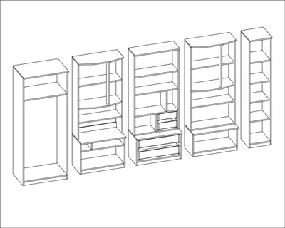 A line-up of modular furniture units, likely for a living room or entertainment center, shown in a 3D isometric view against a white background.