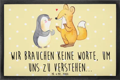 Produktbild von Mr. & Mrs. Panda Eingangsmatte Fuchs & Pinguin gehörlos 40 x 60 cm - Gelb Pastell - Geschenk, Gebärdensprache, Fußabstreifer, Schmutzfangmatte, Schmutzmatte, bodenmatte