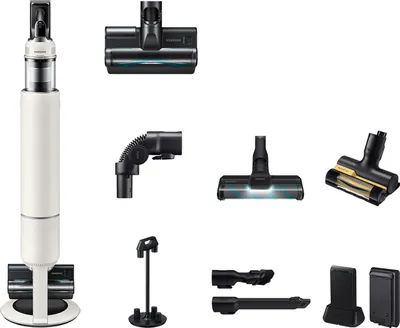 Produktbild von Samsung Bespoke AI Jet 100 mit All-in-One Clean Station, 770 W Motorleistung, Santorini Beige, 2-in-1-Stabstaubsauger, Beutellos, Schwarz, Weiß, 0,5 l, Santorini Beige, Trocken