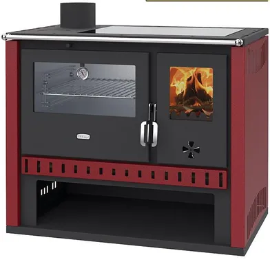 Image de Prity GT FI G – Cuisinière à bois, four en acier inoxydable, plaque de cuisson vitrocéramique, 15 kW, Bordeaux (à gauche)