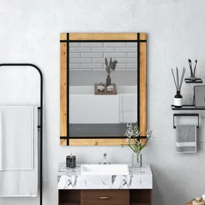 Obrázok produktu pre Obdĺžnikové zrkadlo COSTWAY s dreveným rámom, 77 x 100 cm, rustikálne nástenné zrkadlo, nerozbitné závesné zrkadlo, dekoratívne drevené zrkadlo s háčikmi, hnedé