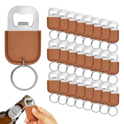 Produktbild von 24er-Set Mini-Flaschenöffner aus Edelstahl mit Kunstleder-Schlüsselanhänger, ideal für Barkeeper, Küche, Bar, Restaurant, kreatives Geschenk