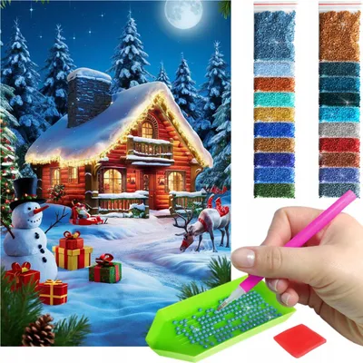 Zdjęcie produktu dla Haft diamentowy ARTULIO – Świąteczna chatka z bałwankiem i prezentami – 60 x 40 cm – Diamond painting, Kompletny zestaw: mozaika + akcesoria