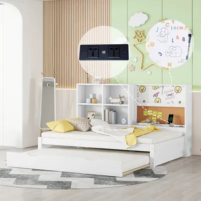 A white sofa bed with a pull-out trundle bed in a child's bedroom, featuring a bookshelf and a corkboard with notes.