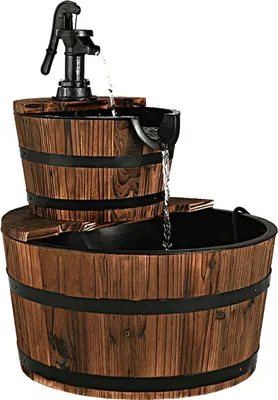 Produktbild von Holzbrunnen Gartenbrunnen mit Wasserpumpe, 2 Etagen Kaskandenbrunnen Ø44,5cm, Springbrunnen Fassbrunnen aus Tannenholz, Zierbrunnen Wasserspiel Dekobrunnen für Garten Balkon