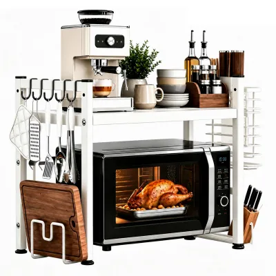 Immagine prodotto di Standregal: Scaffale per microonde a 2 livelli.
Mikrowellen Regal: Ripiano per microonde.
Schrank Küchenregal: Scaffale per armadio da cucina.
Stahl: Acciaio.
Küchenregale: Scaffali da cucina.
Ausziehbarer Mikrowellenständer mit 5 Haken: Supporto estensibile per microonde con 5 ganci