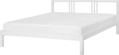 A white wooden bed frame with a white mattress on a white background.