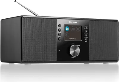 A black Karcher DAB 5000+ digital radio is shown from a front-side angle against a white background.
