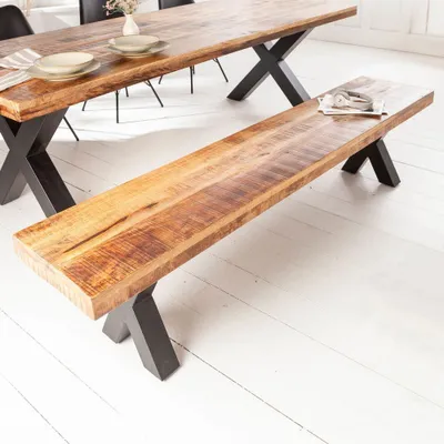 Produktbild von cagü: Sitzbank TAMAN Natur Mangoholz massiv mit X-Gestell aus Eisen pulverbeschichtet Schwarz 200cm