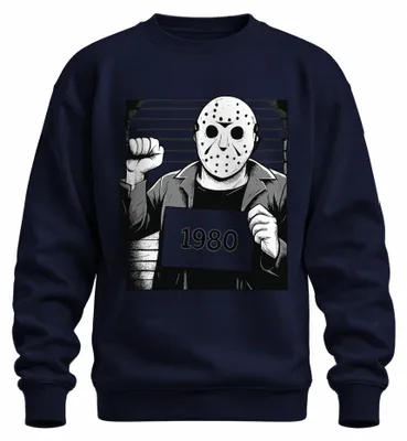 Productafbeelding van Horror hockeymasker, jaren '80, slasher-stijl, politiefoto, retro, vintage, grunge, uni sweatshirt, pullover, marineblauw, maat XL