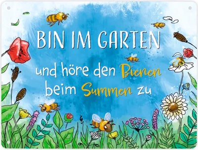 Produktbild von Bin im Garten Metallschild XL in 21x28 cm mit Blumenwiese und Bienen
