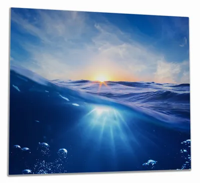 Produktbild von Wallario Herdabdeckplatte aus Glas, Größe 60 x 52 cm 1-teilig, Motiv Wellen im Meer bei Sonnenuntergang