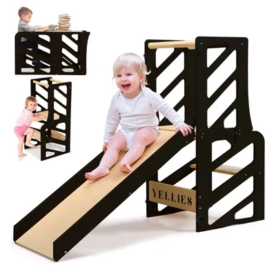 Produktbild von Yellies Lernturm - Lernturm Küchenhilfe - Küchenturm - Montessori Lernturm - 3 in 1 - klappbar - inkl. deutscher Anleitung - Holz schwarz